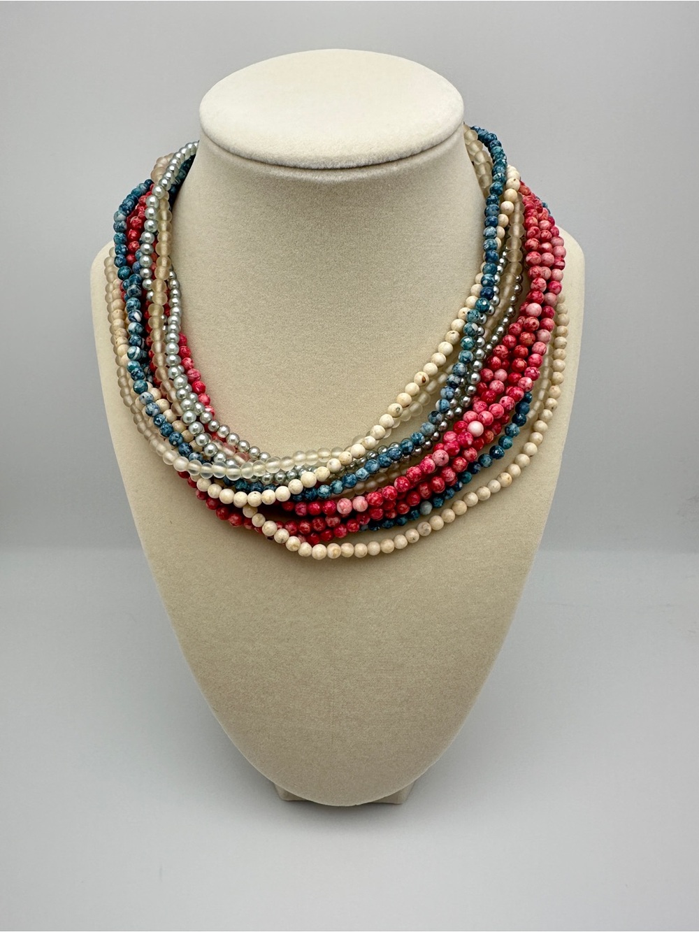 Classic Multicolor Beaded Necklace Set of Five - Red, Teal, Cream, Pearl, Silver - Picture 7 of 10